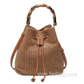 Casual handwoven bucket bag drawstring shoulder bag tote hanbag purse with bamboo handle